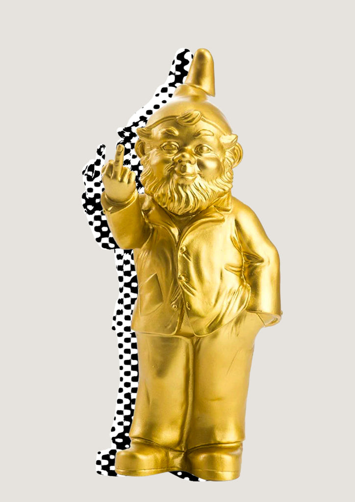 Gold gnome statue pulling the finger
