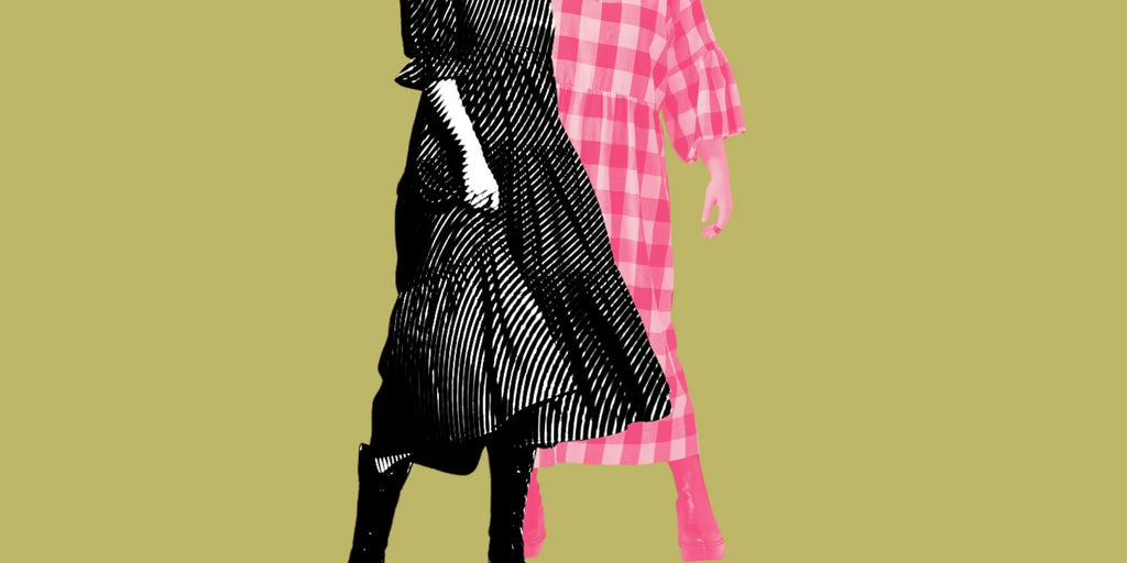 Graphic of woman's dresses, checkered dress