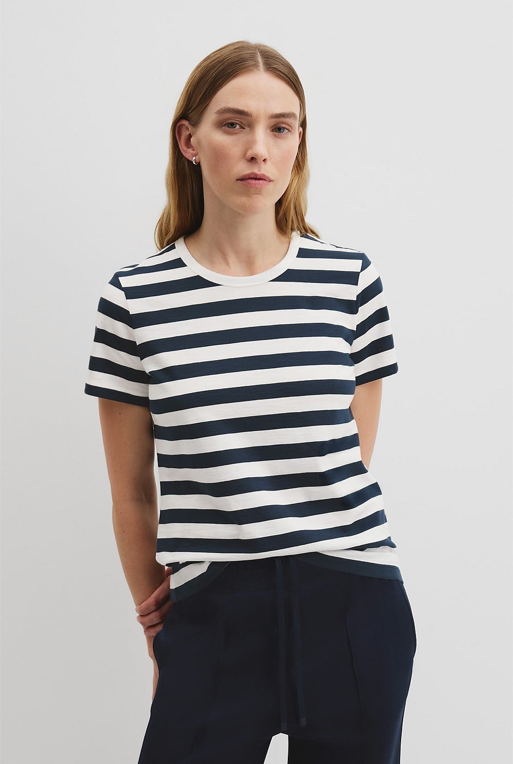 Australian Cotton Slub Stripe Short Sleeve T-Shirt  | Navy