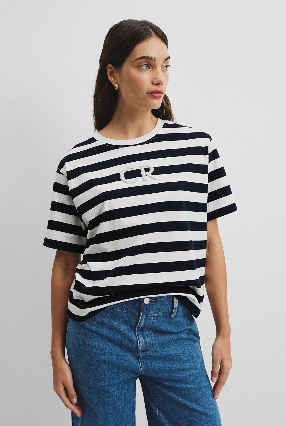 Australian Cotton Stripe CR Logo T-Shirt | Navy Stripe