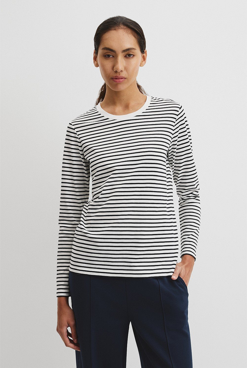 Australian Good Earth Cotton Stripe Textured Slub Long Sleeve T-Shirt | Black White