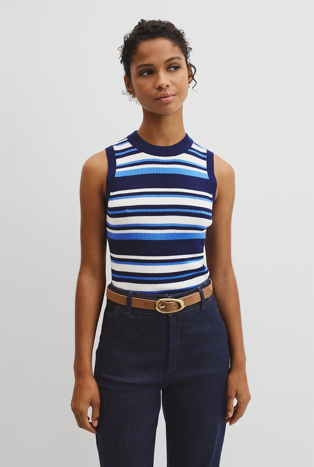 CR Stripe Merino Crew Neck Tank | Navy Stripe