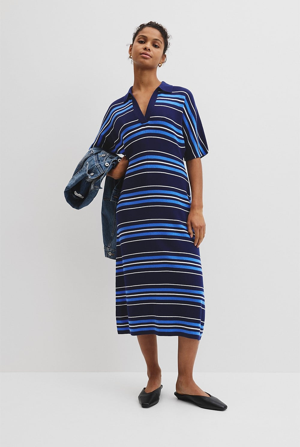 CR Stripe Merino Polo Knit Dress | Navy Stripe