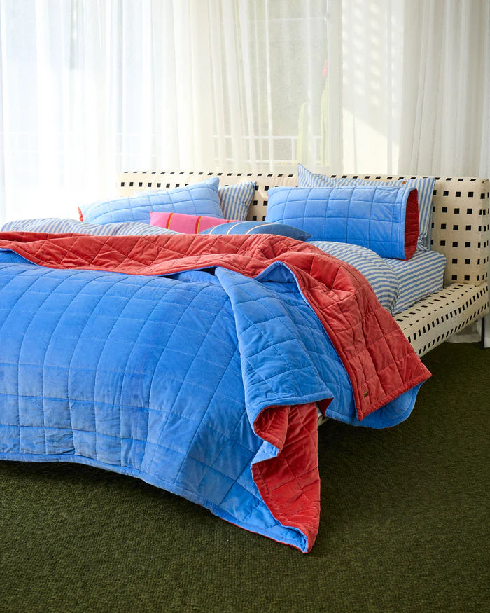 Kip & Co Blue Robin Velvet Quilted Bedspread | Blue Red