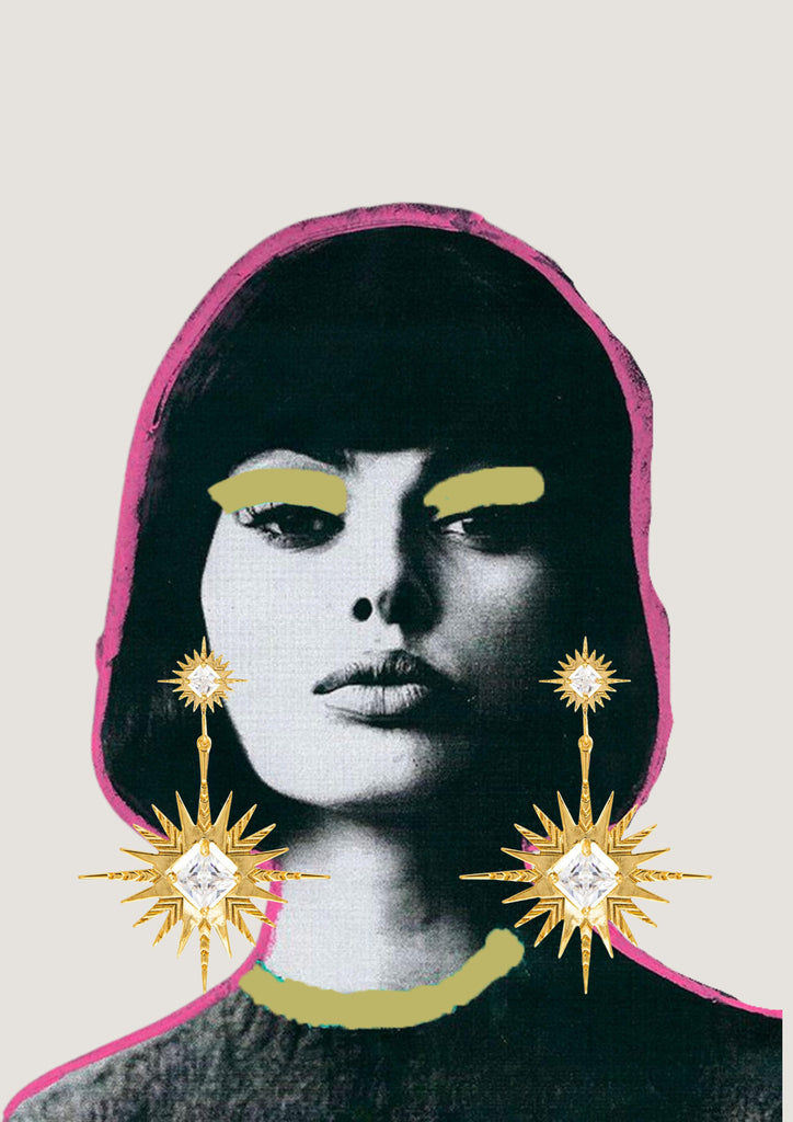 Abstract poster of lady wearing gold star earrings 