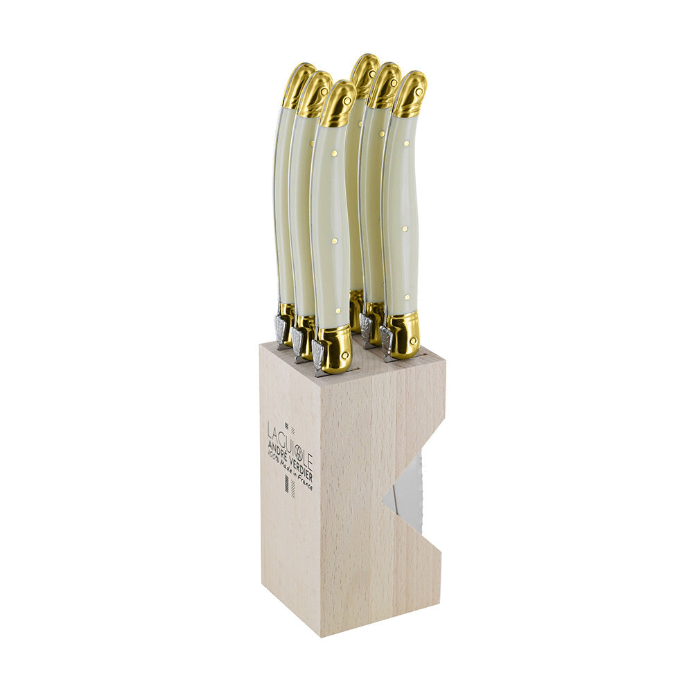 Andre Verdier Laguiole Steak Knives & Block | Cream Brass