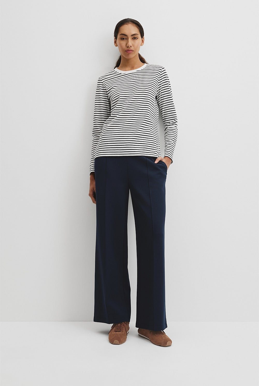 Australian Good Earth Cotton Stripe Textured Slub Long Sleeve T-Shirt | Black White