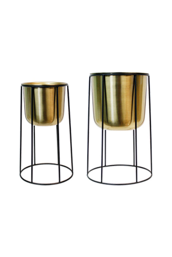 Gold Metal Planters On Black Stands | Set Of 2