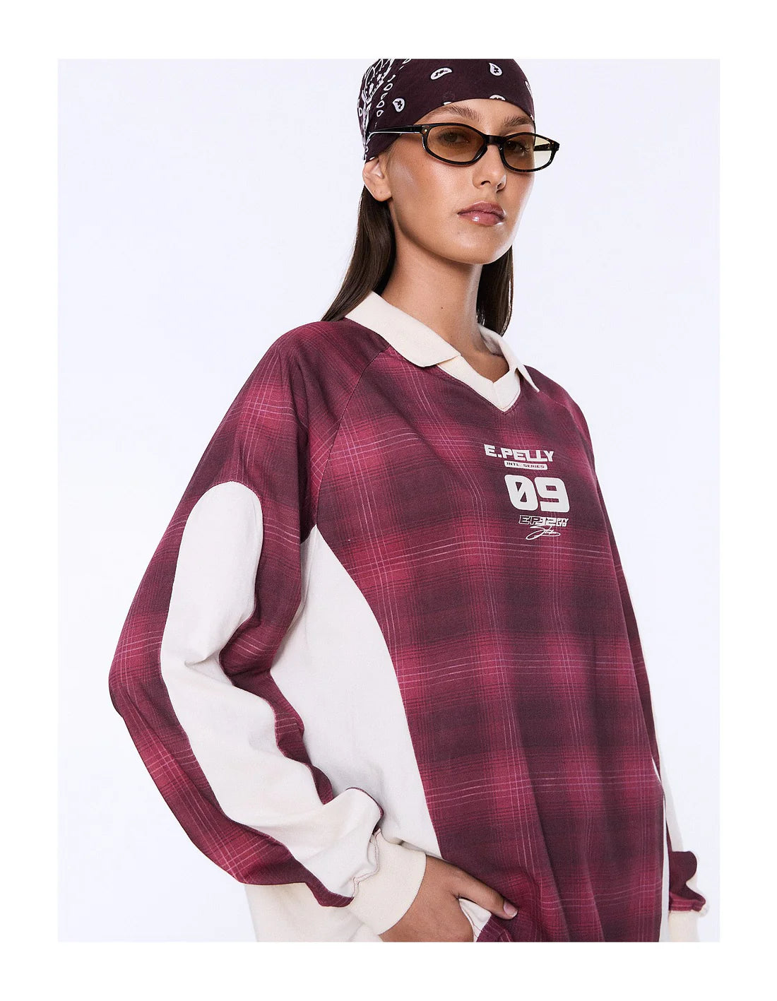 Ena Pelly Josie Long Sleeve Polo Top | Burgundy Check
