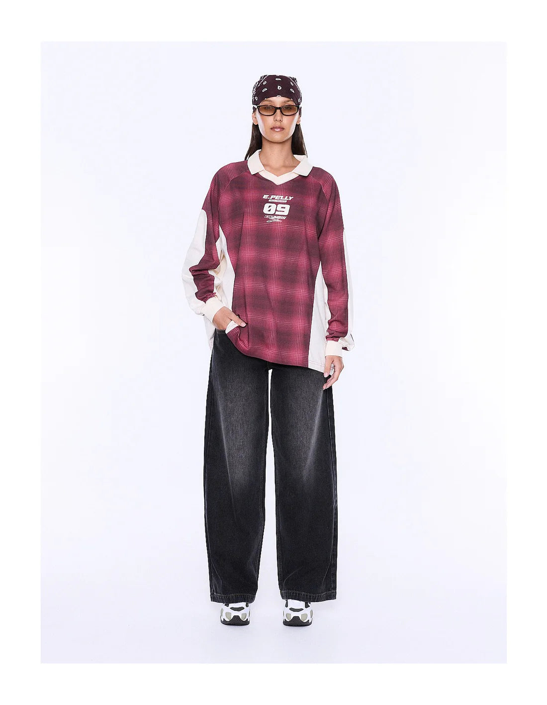Ena Pelly Josie Long Sleeve Polo Top | Burgundy Check