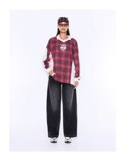 Ena Pelly Josie Long Sleeve Polo Top | Burgundy Check