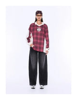 Ena Pelly Josie Long Sleeve Polo Top | Burgundy Check