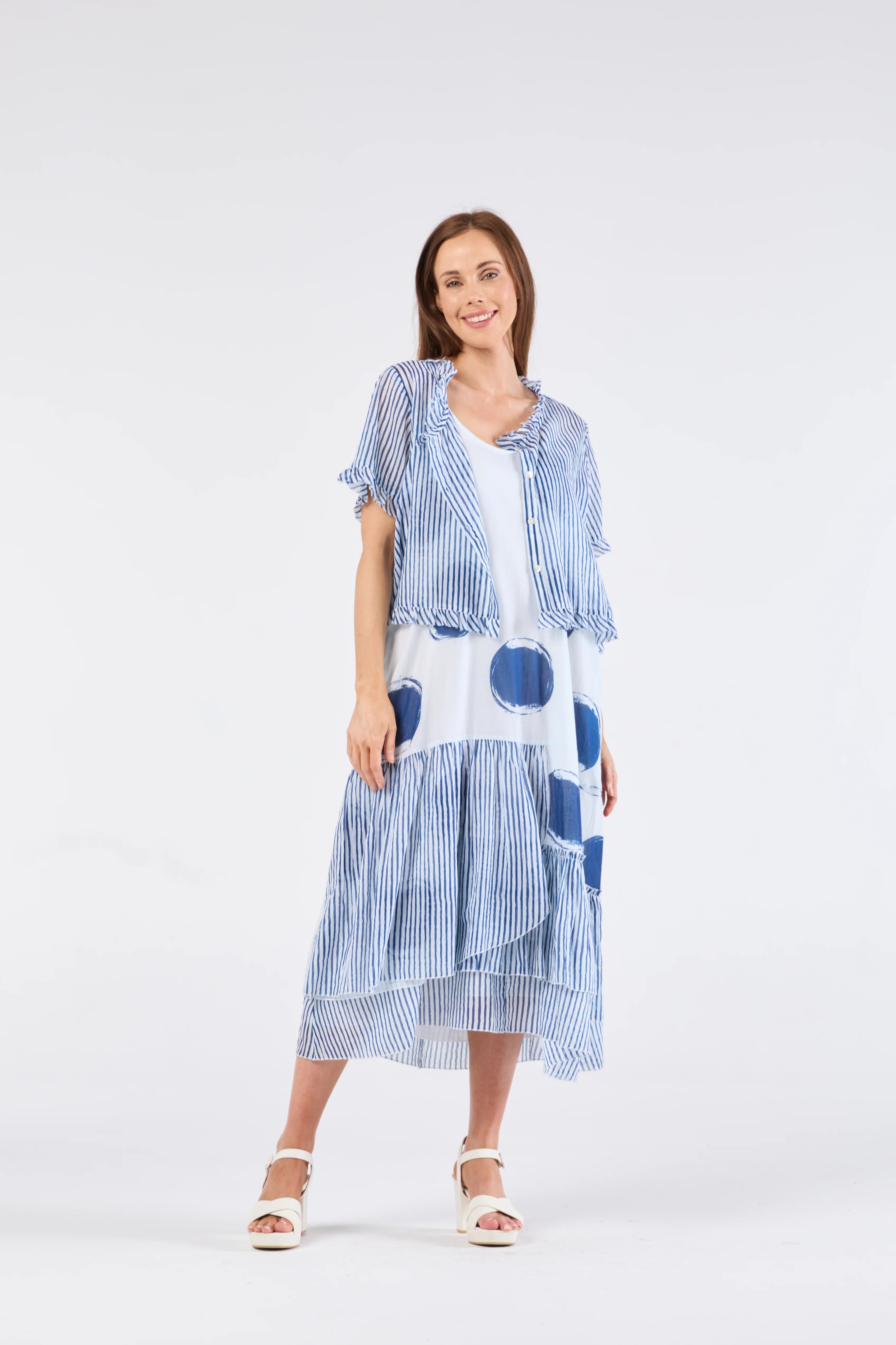 Au Hasard D'un Voyage Frill Seeker Short Cardi | Blue Stripe