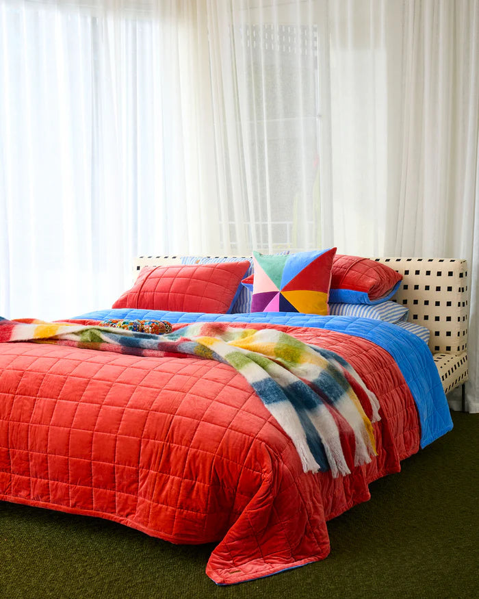 Kip & Co Blue Robin Velvet Quilted Bedspread | Blue Red