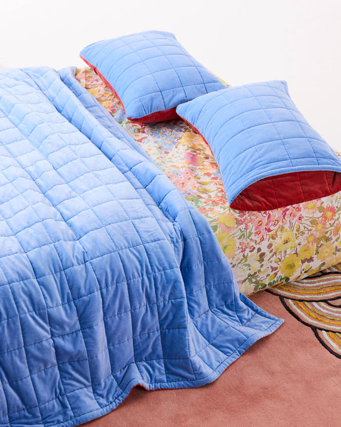 Kip & Co Blue Robin Velvet Quilted Bedspread | Blue Red