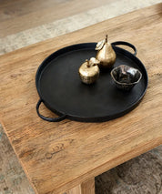 French Country Balto Round Iron Tray With Handles | Black