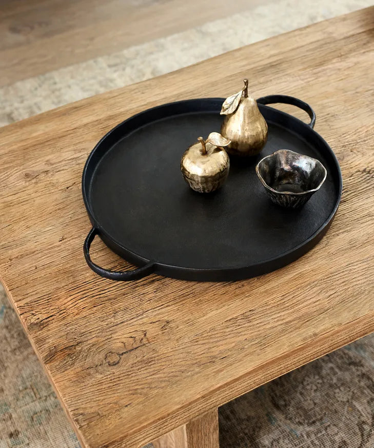 French Country Balto Round Iron Tray With Handles | Black