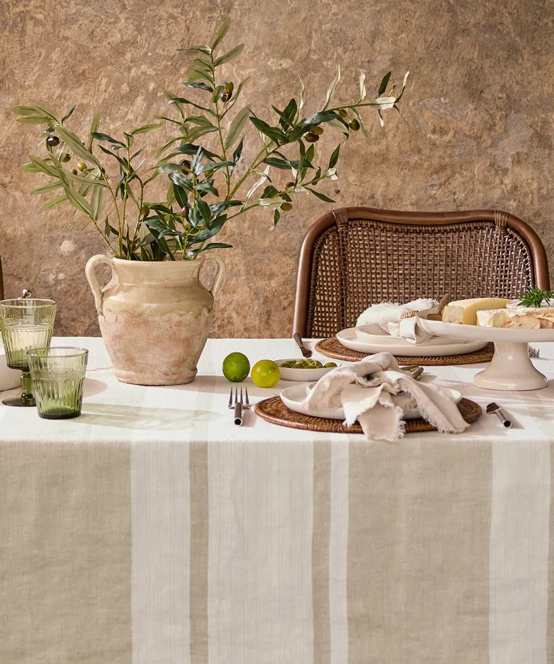French Country Stripe Linen Tablecloth | Stone Small