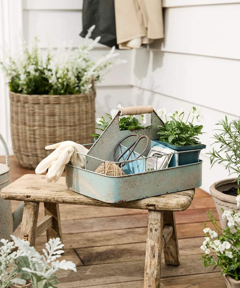French Country Vintage Metal Garden Tool Crate | Antique Blue