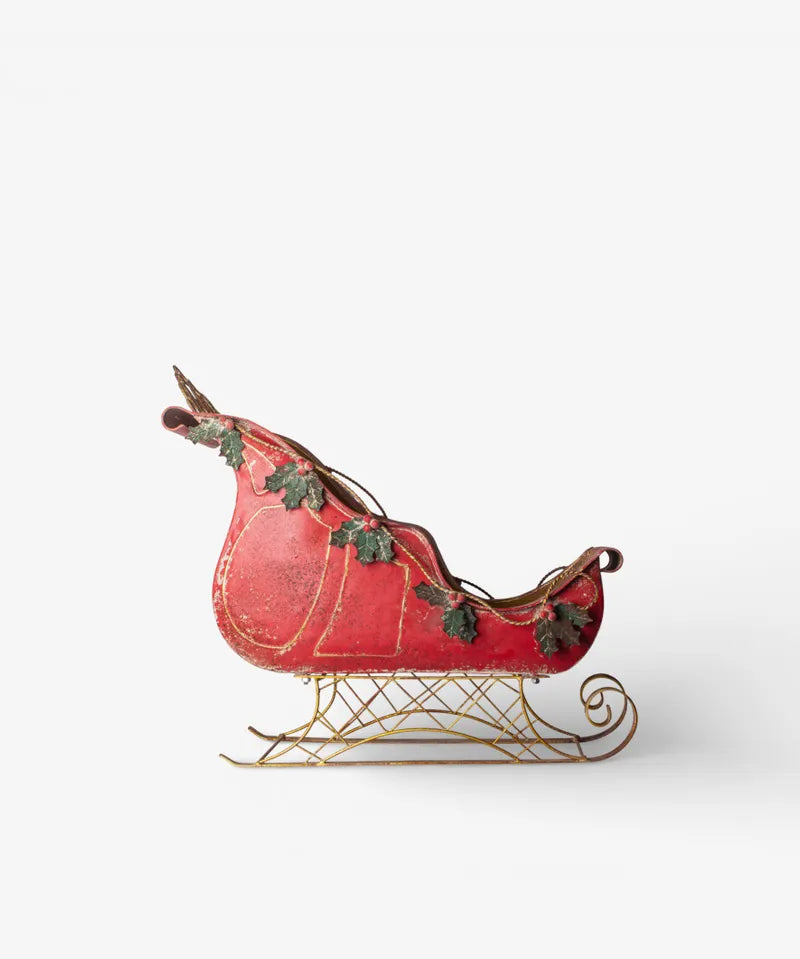 French Country Holly Santa Sleigh | Rustic