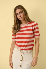 Saint Tropez Mila SS Block Stripe Pullover | Red Peach