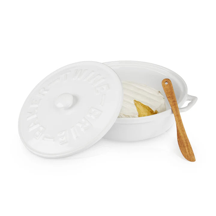 Ceramic Brie Baker & Acacia Wood Spreader Set | White