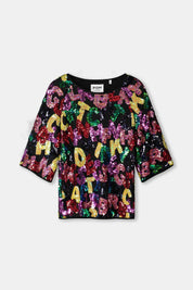 Pom Amsterdam Sequin Top Splashing Letters | Black