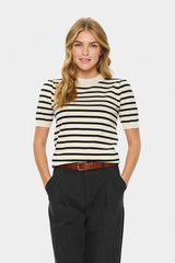 Saint Tropez Mila Short Sleeve Top | Brown Rice Black Stripe